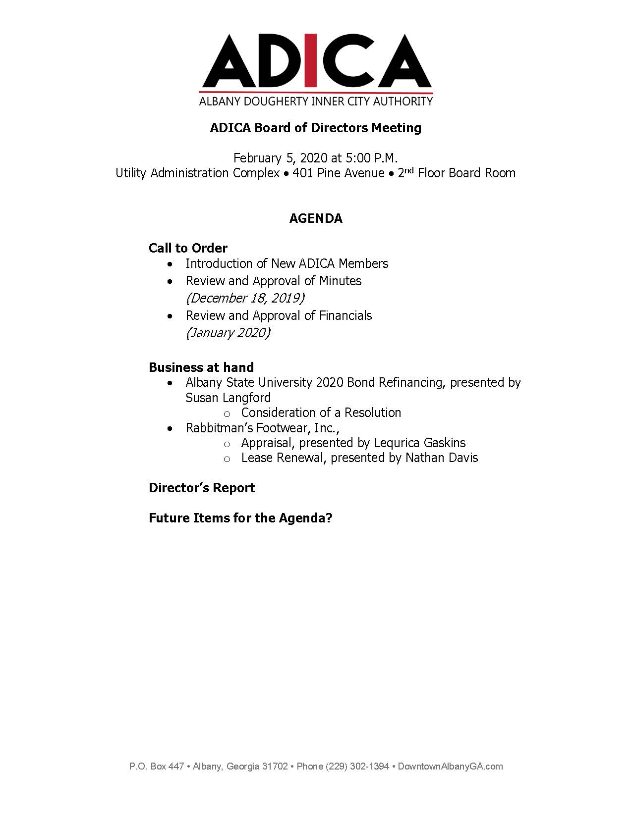 ADICA Meeting Agenda 02.05.20 Board of Directors Meeting