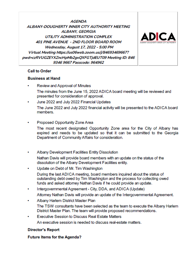 ADICA Agenda August 17, 2022