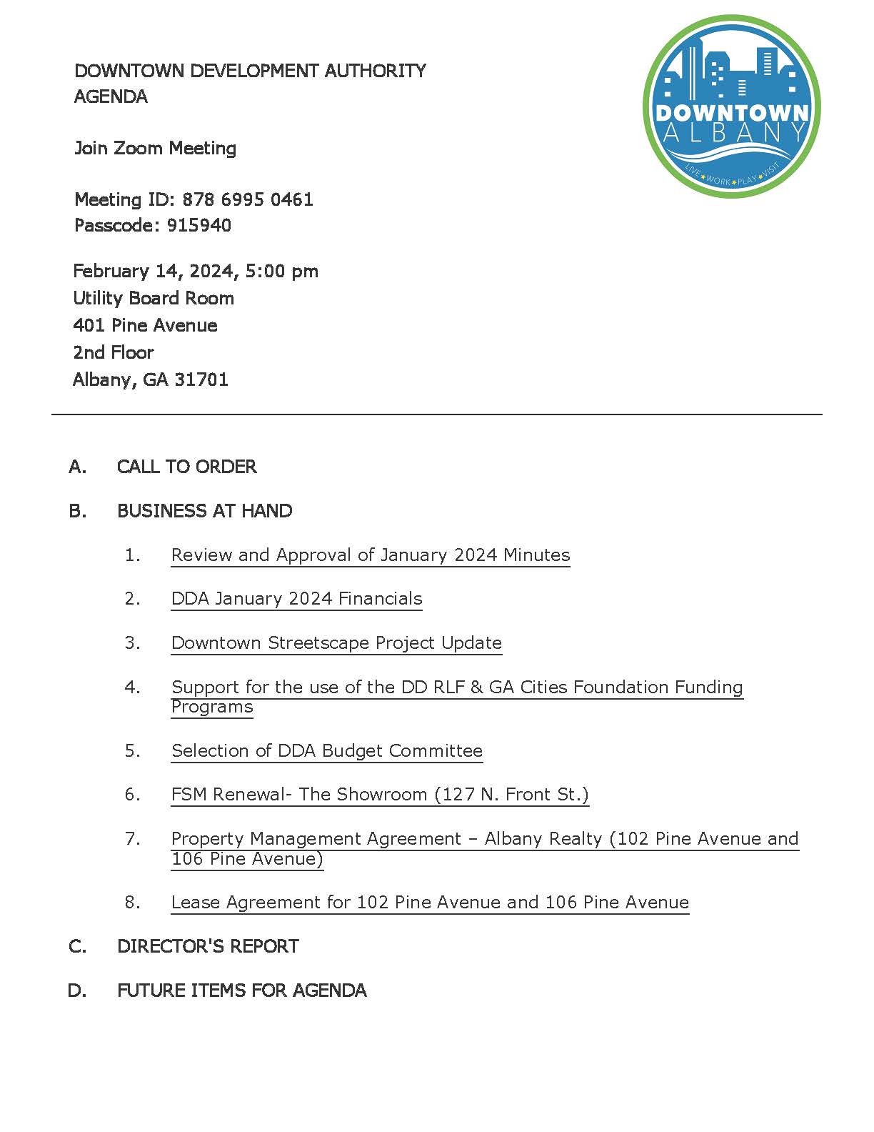 Agenda Table of Contents - DDA MEETING_Feb14_2024