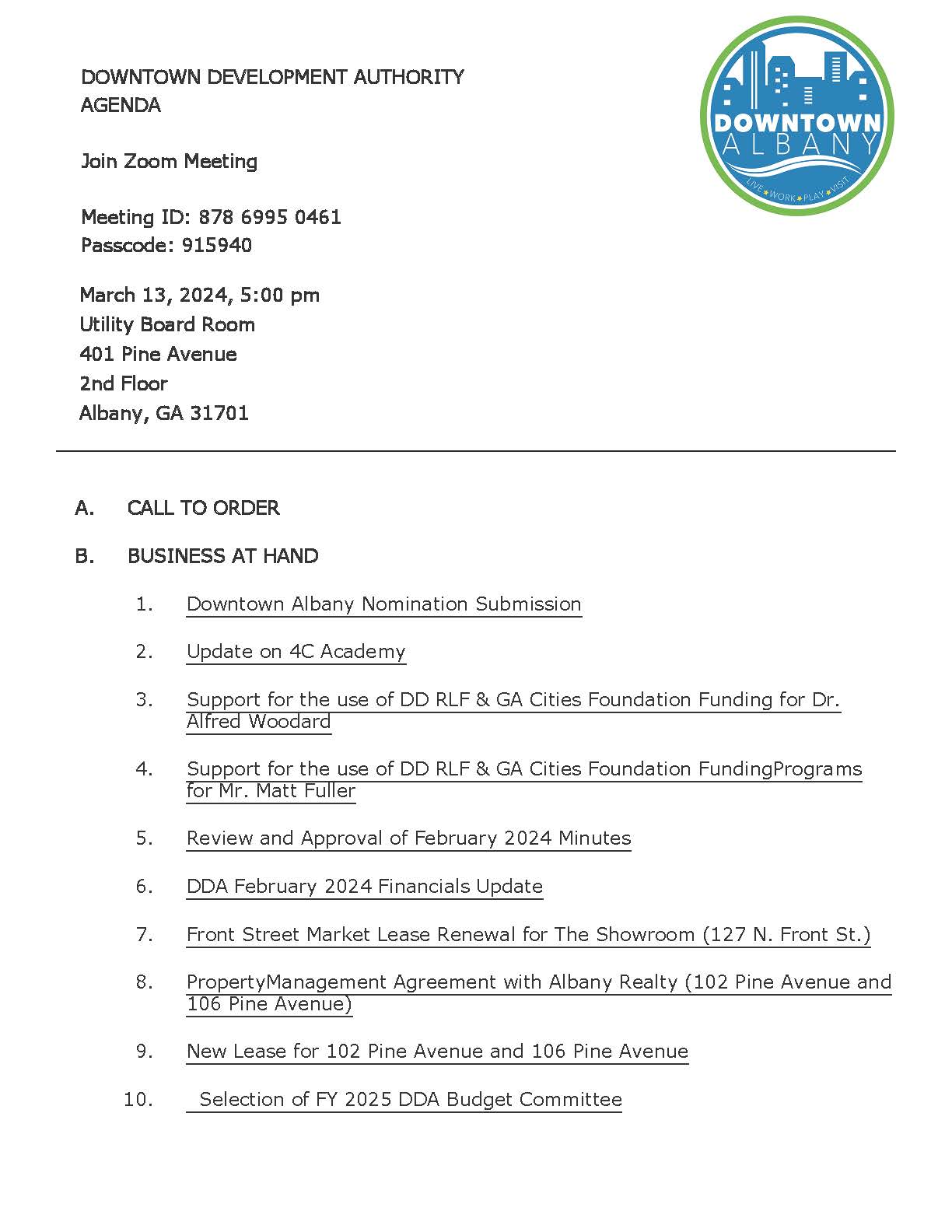 Agenda Table of Contents - DDA MEETING_Mar13_2024_Page_1