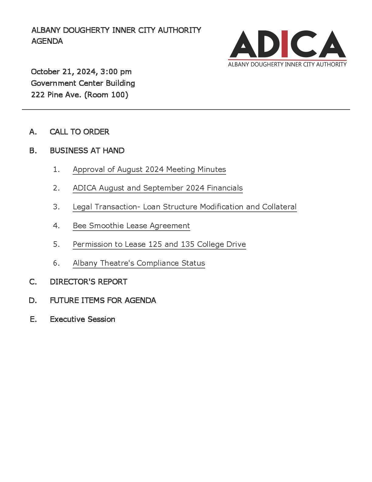 Agenda Table of Contents - SPECIAL CALLED ADICA MEETING_Oct21_2024