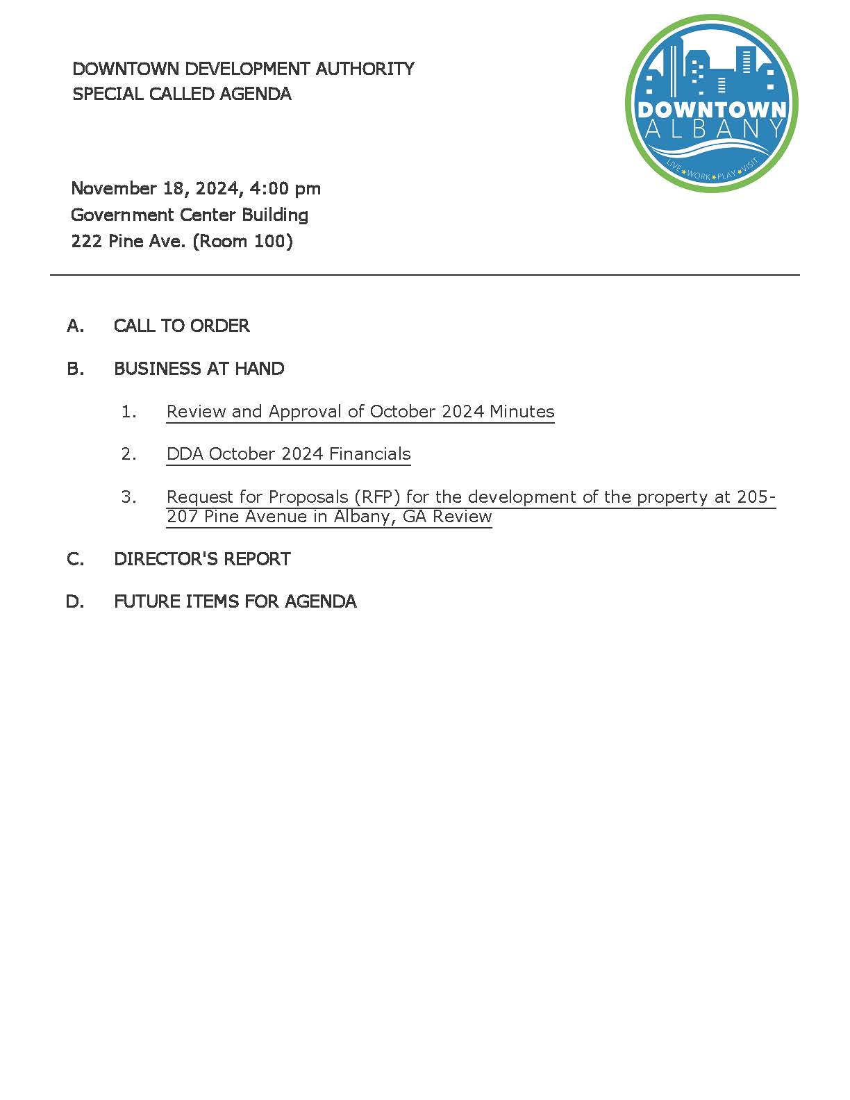 Agenda Table of Contents - SPECIAL CALLED DDA MEETING_Nov18_2024